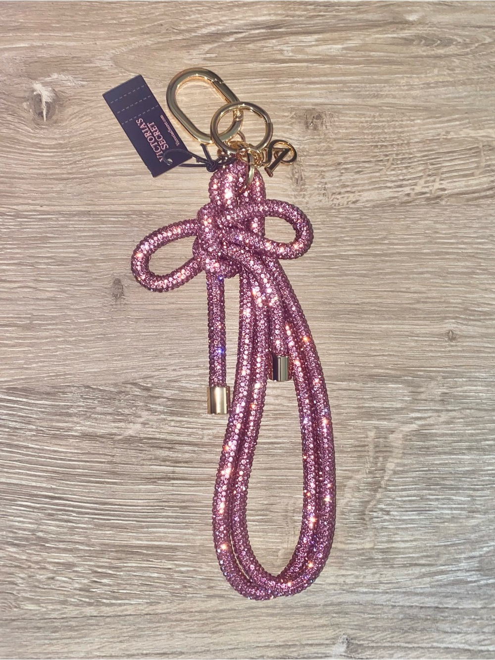 Victoria's Secret Pink Glitter Rope Key Ring with Gold Hardware